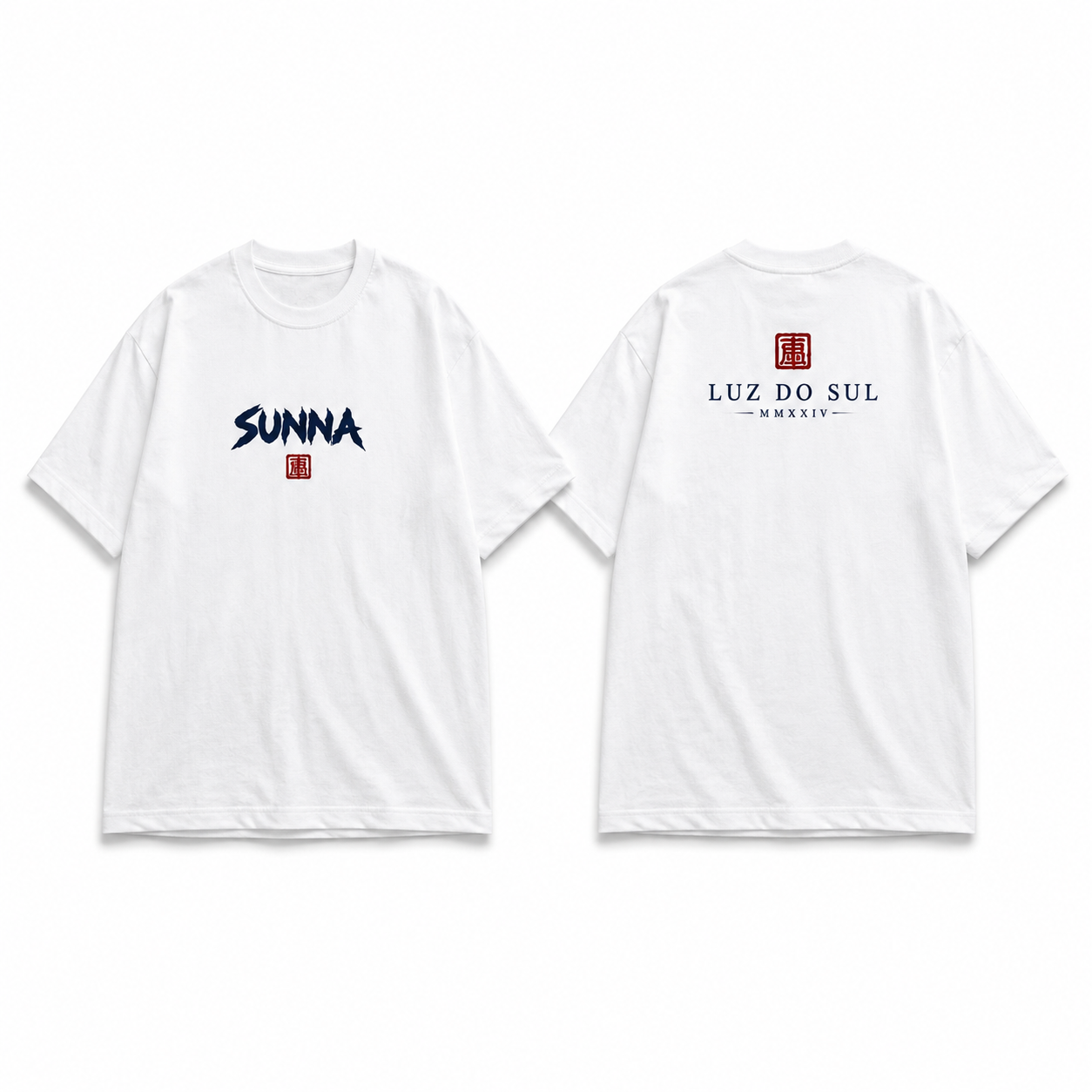 Mockup realista da camiseta SUNNA Branca, frente e costas