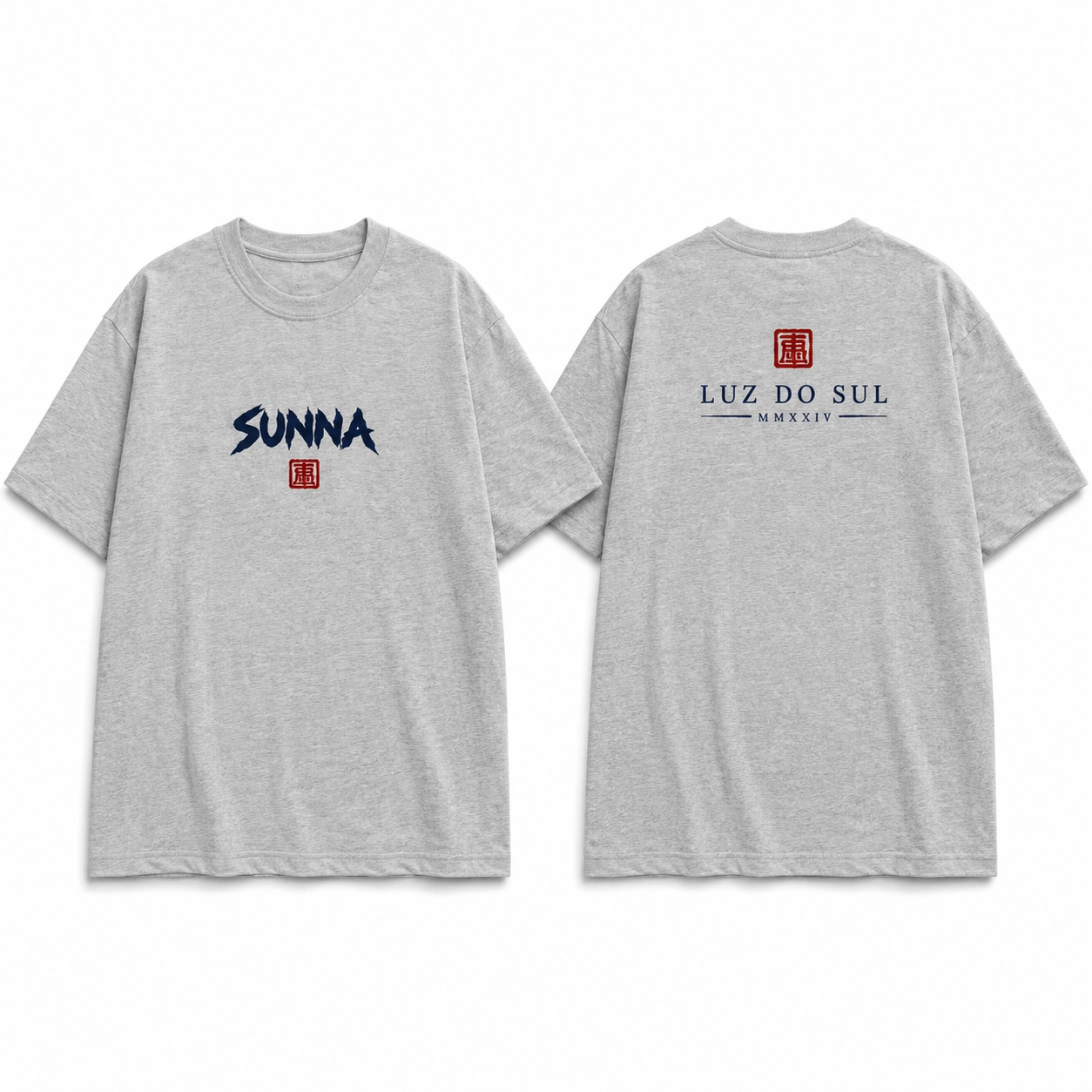 Mockup realista da camiseta SUNNA Cinza, frente e costas