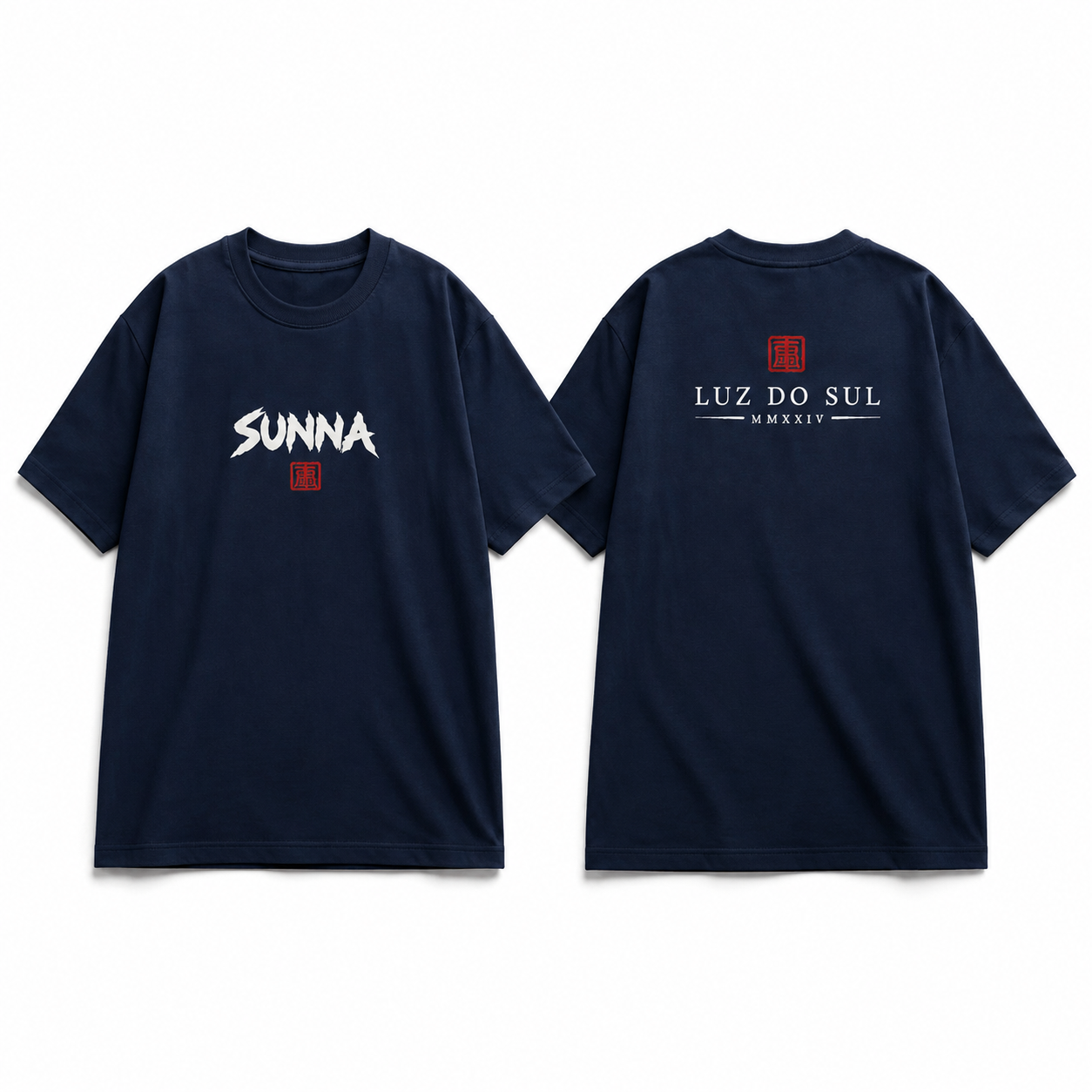 Mockup realista da camiseta SUNNA Azul-marinho, frente e costas