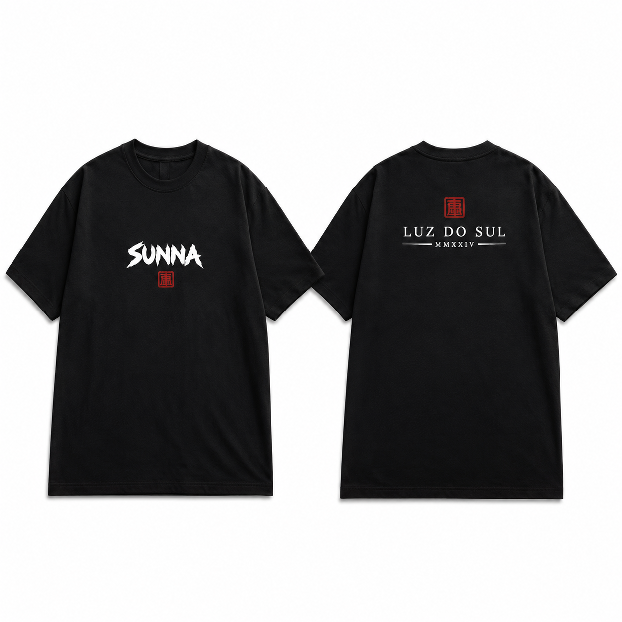 Mockup realista da camiseta SUNNA Preta, frente e costas